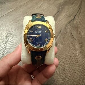 Sperry Top-Sider Gold-Tone Case Navy Dial Leather Green Plaid Strap Watch